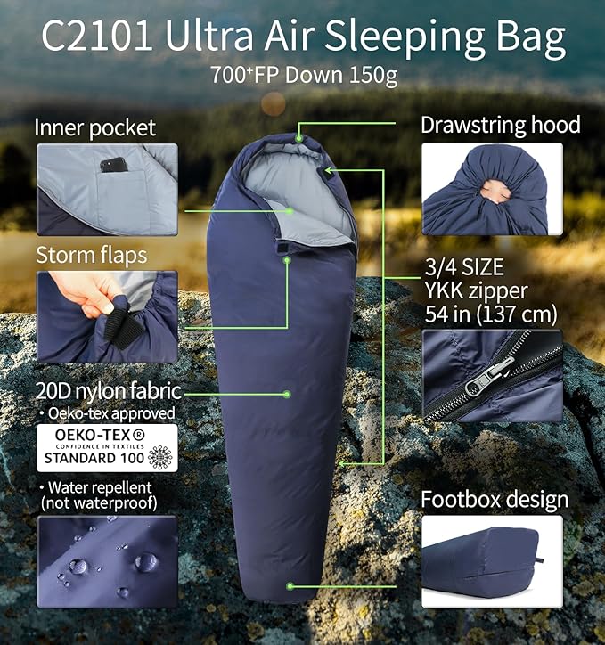 [Hyperax ft Litume] Ultra Compact Down 3 Season Mummy Sleeping Bag, 700 Fill Power Sleep Sack for 3 Season, Ultra Lightweight, Compact and Portable, for Hiking Traveling Camping Backpacking Adult Outdoor Durable