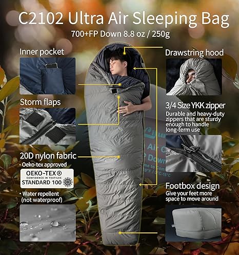 [Hyperax ft Litume] Down Ultra Air Mummy Sleeping Bag 1lbs 68-43°F, 700 Fill Power Sleep Sack for 3 Season, Ultra Lightweight, Compact and Portable, for Hiking Traveling Camping Backpacking Adult Outdoor Durable