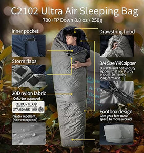 [Hyperax ft Litume] Down Ultra Air Mummy Sleeping Bag 1lbs 68-43°F, 700 Fill Power Sleep Sack for 3 Season, Ultra Lightweight, Compact and Portable, for Hiking Traveling Camping Backpacking Adult Outdoor Durable