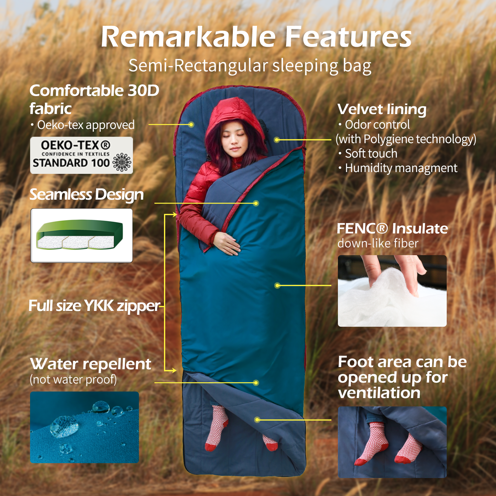 [Hyperax ft Litume] 2.6 lbs 55°F to 27°F Sleeping Bag Velvet Lined Lightweight Ultra Comfort for Camping Hiking Traveling Travel, Seamless