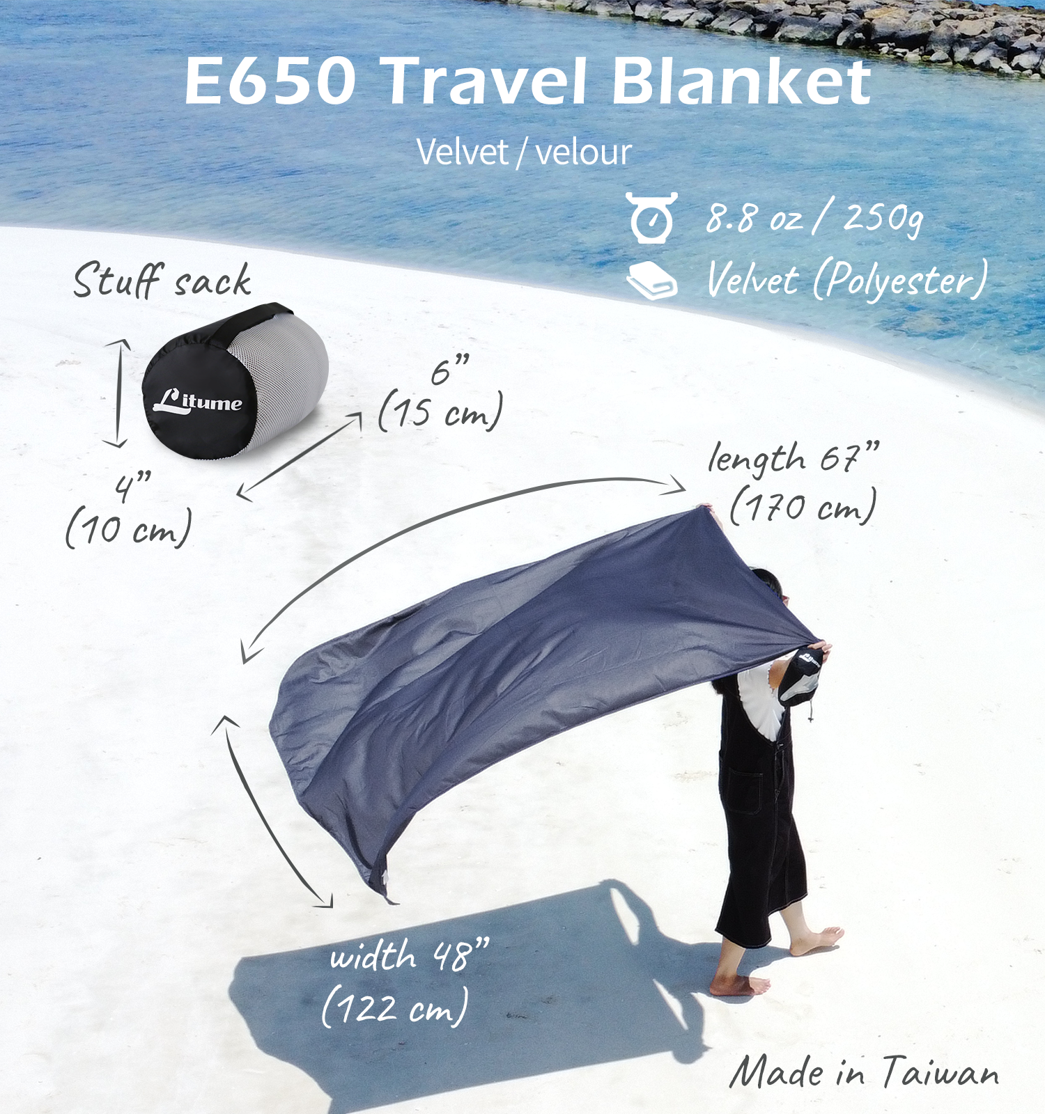 [Hyperax ft Litume] Travel Blanket Lightweight and Breathable, 67 x 48 Soft Airplane Blanket for Travelers, Foldable Camping Sheet with Stuff Sack for Train, Camp, Traveling (Velvet/Fleece)