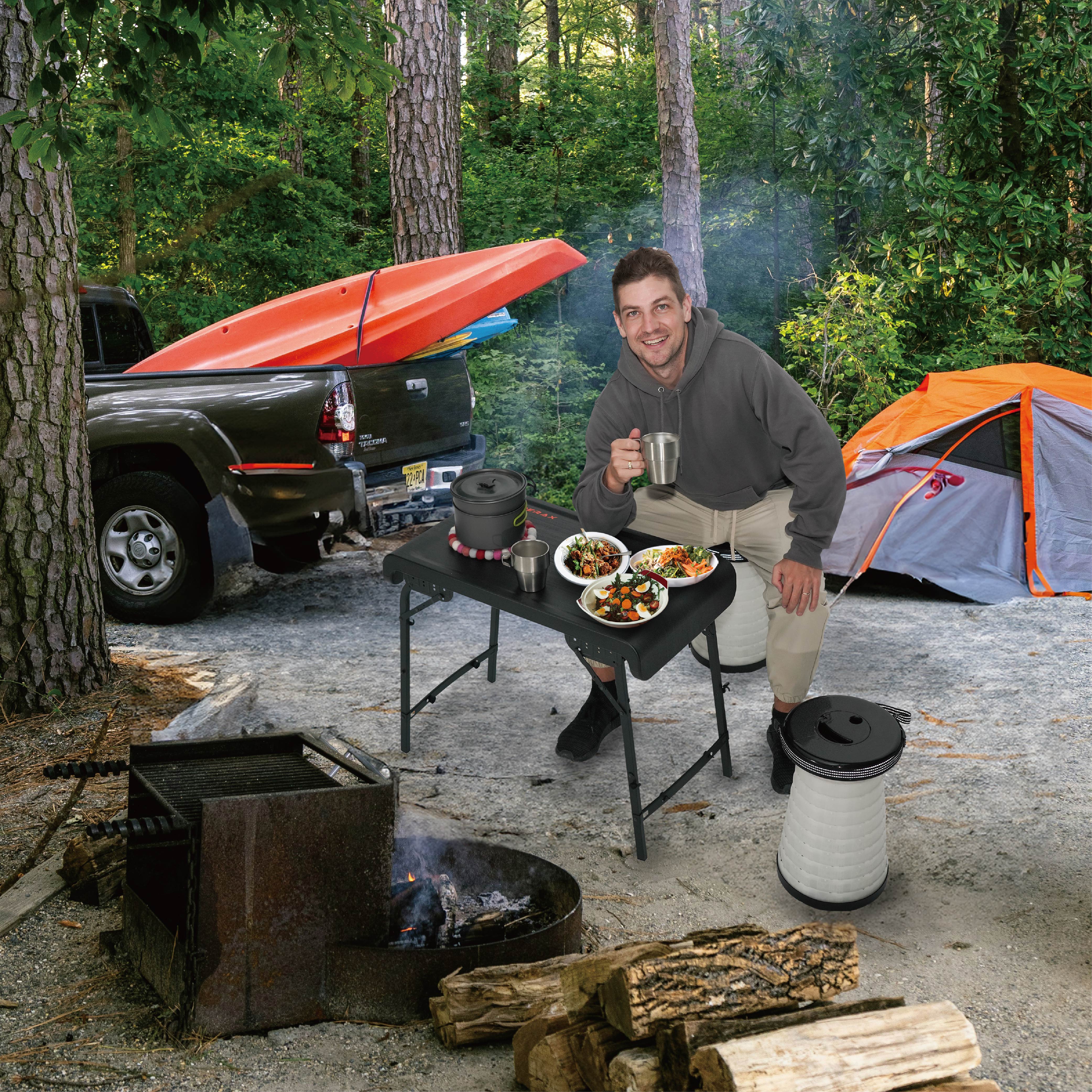 HYPERAX Camping Table & Collapsible Stools Set, Folding Beach Table with 2 Portable Stools (Black)