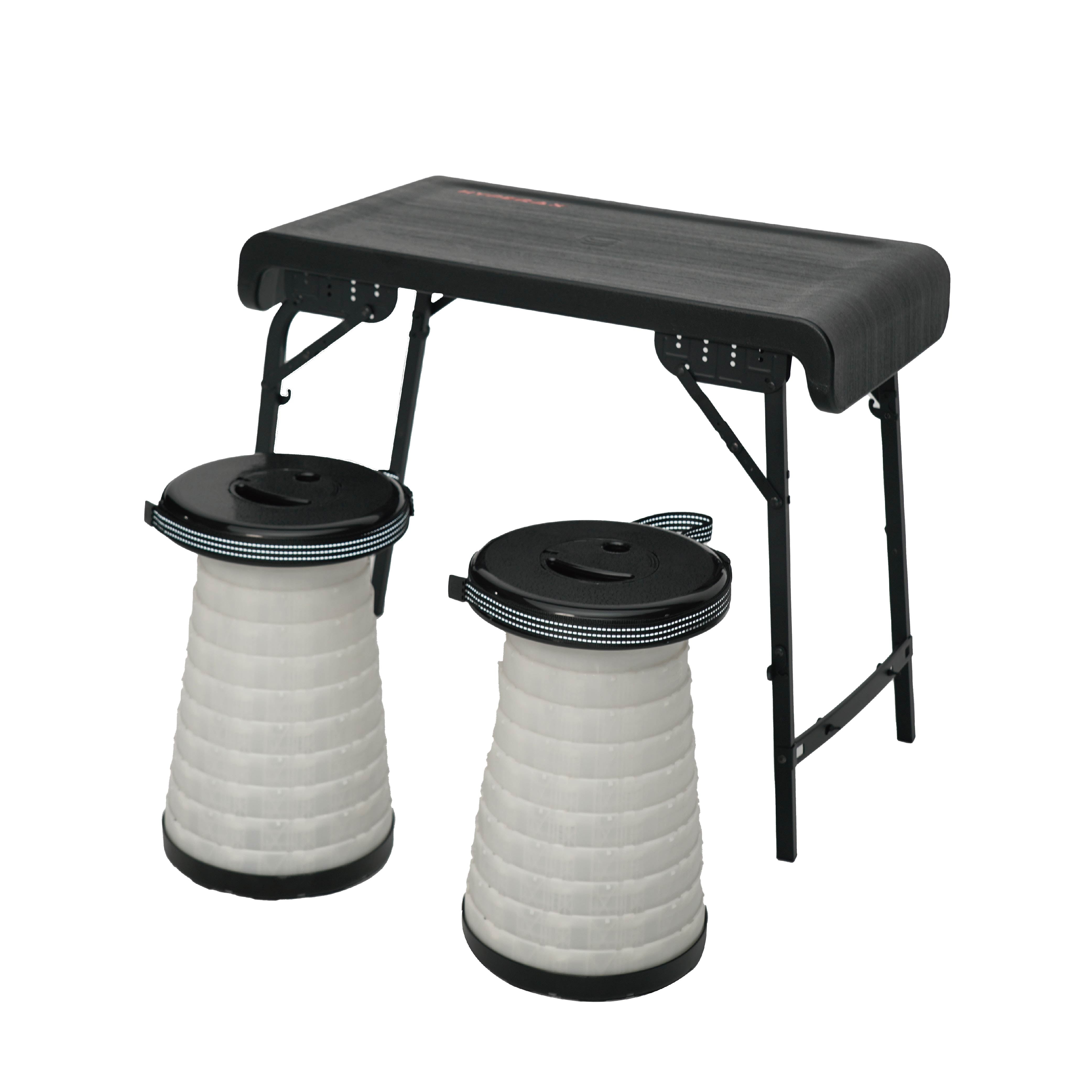 HYPERAX Camping Table & Collapsible Stools Set, Folding Beach Table with 2 Portable Stools (Black)