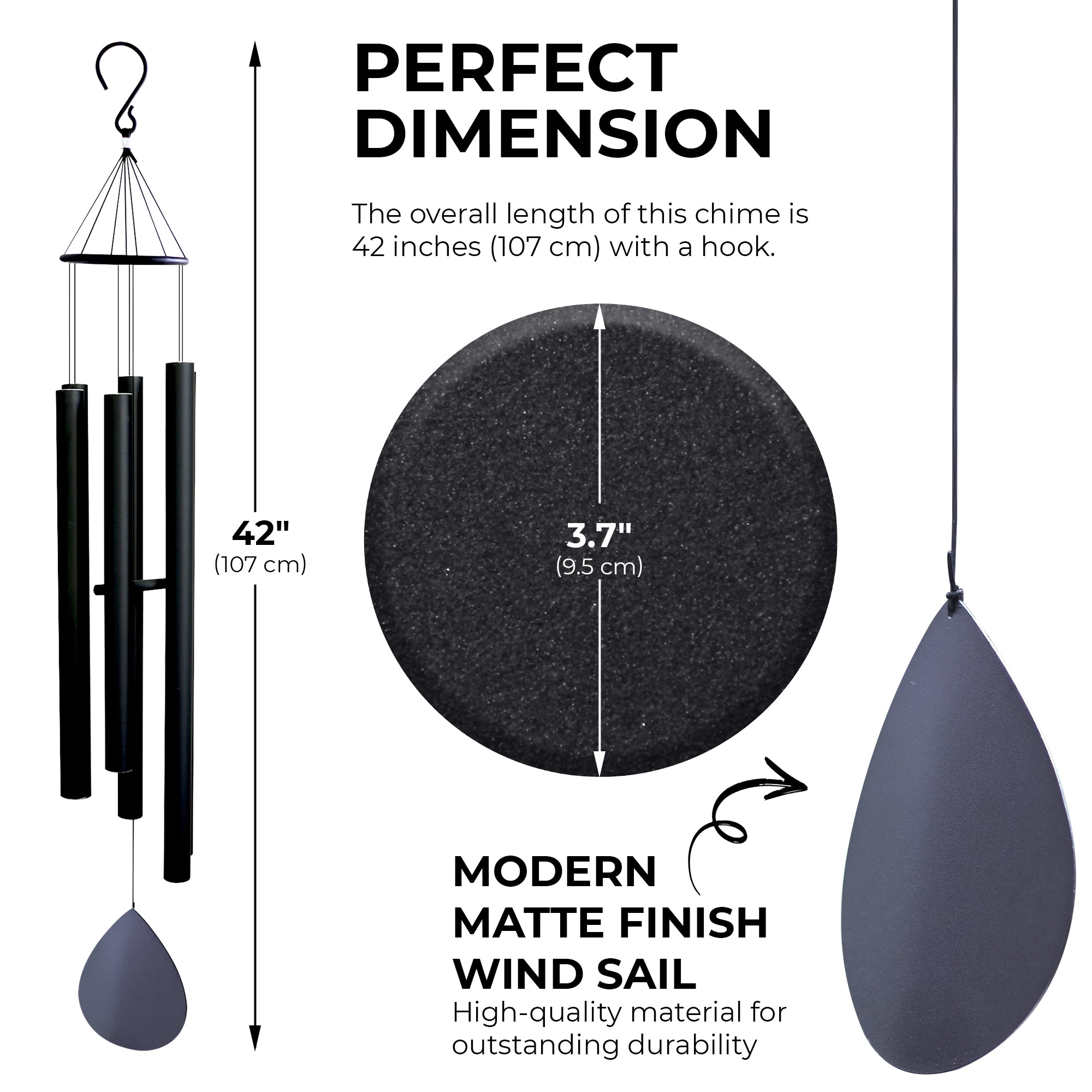 Hanway Large Size Wind Chimes with Deep Tone for Outside - 6 Durable Powder Coated Aluminum Tubes, Real Iron Ring Top & Windsail with Matte Finish, Ready to Use Hanging Hook(42 inches)