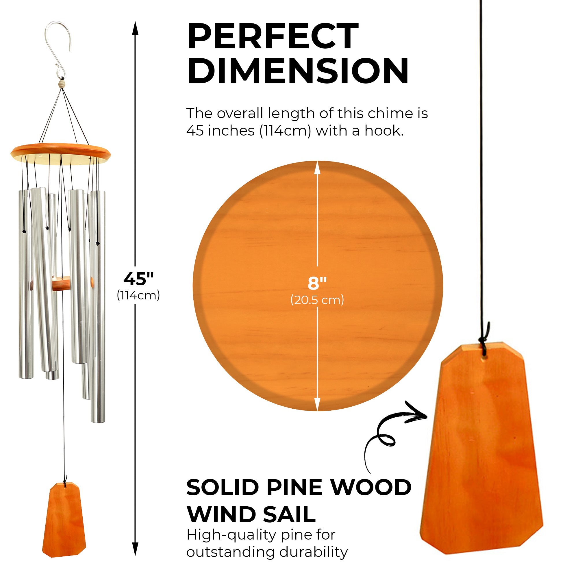 Hanway Beautiful Wind Chimes with Deep Tone for Outside - 6 Durable Anodized Aluminum Tubes, Real Wood Top & Windsail, Convenient Hanging Hook. for Indoor, Memorial, Sympathy,(Bronze, 45 inches)